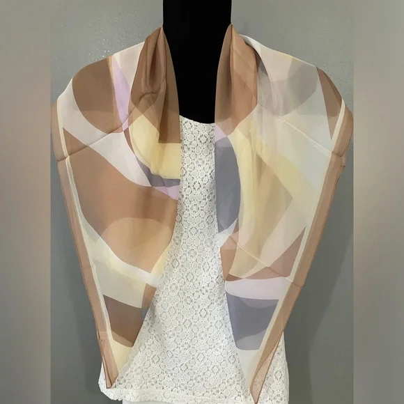 100% Silk scarf large camel grey cream - Picture 3 of 10